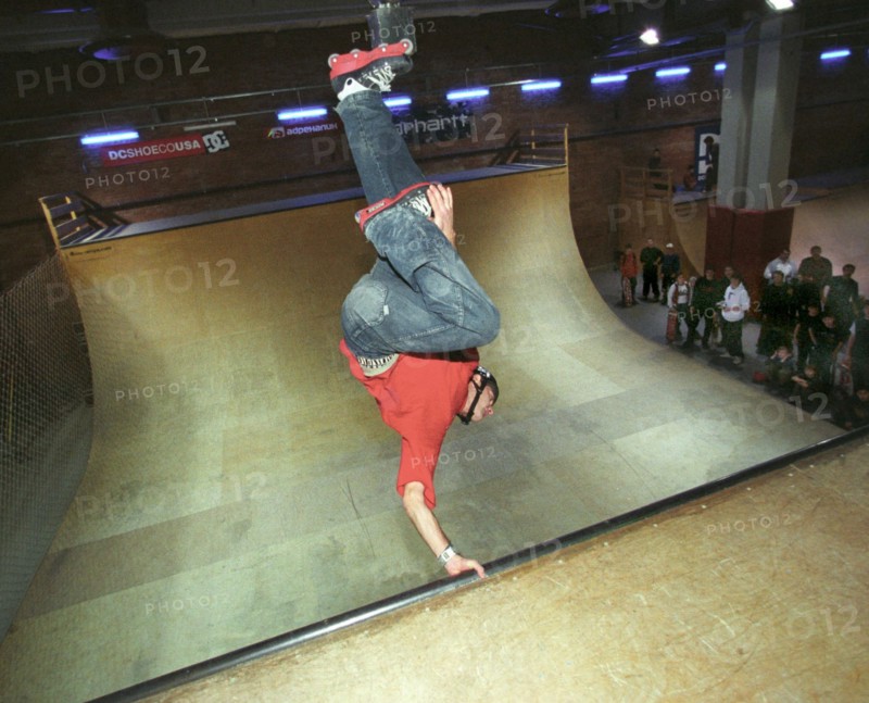 A rollerblader demonstrates his skill , the largest skate park in europe was opened in medvedkovo district of moscow, the park named 'adrenaline' has over 75,000sq ft of specially arranged space for skateboard and rollerskating fans, december 14, 2002.