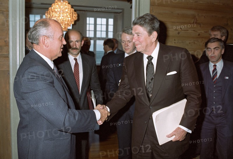 General secretary of the cpsu central committee mikhail gorbachev and president ronald reagan of the usa during their summit meeting in reykjavik, iceland on october 11, 1986.