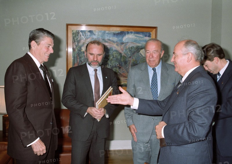 General secretary of the cpsu central committee mikhail gorbachev and president ronald reagan of the usa during their summit meeting in reykjavik, iceland on october 11, 1986.