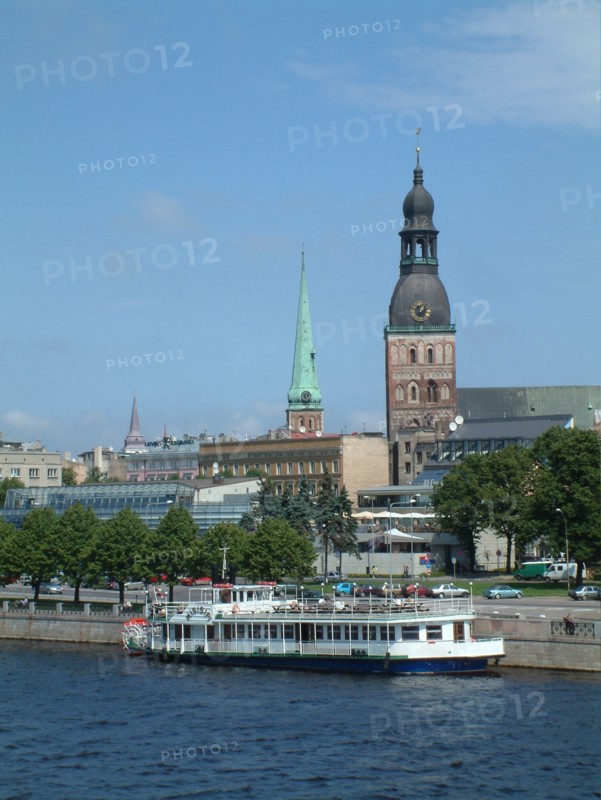 Riga, latvia, 2003, a view of the daugava river, the embankment and the dom cathedral.