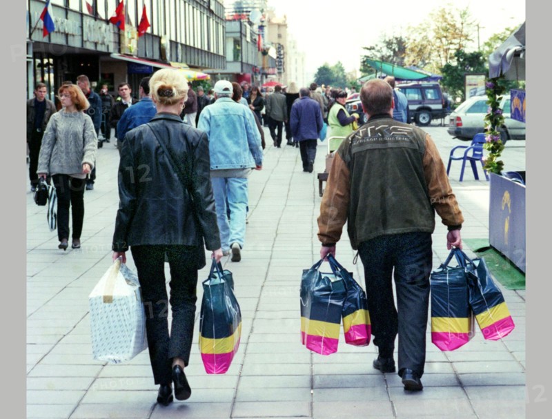 Shoppers on the novy (new) arbat street, moscow, 2001.