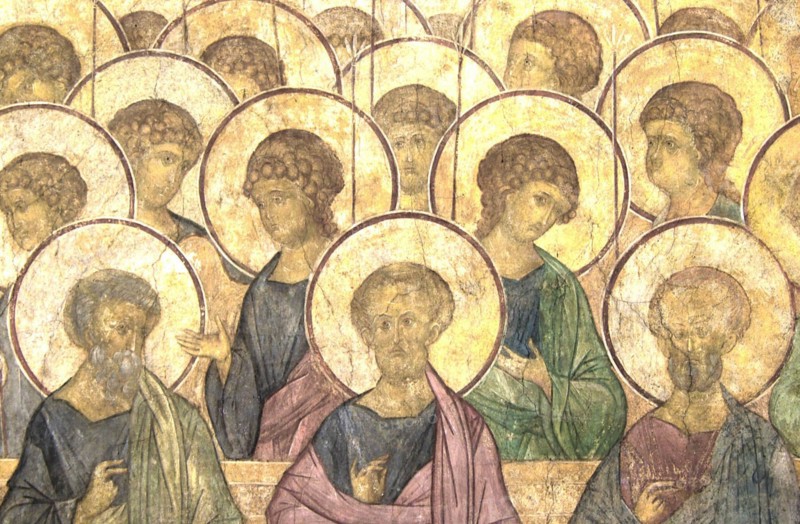 Vladimir, russia, december 5 2002: a fragment of andrei rublyov's fresco 'the last judgement' at the assumption cathedral of vladimir, now under conservation, the frescos, included in the unesco world heritage list, are in critical condition now, as they are covered with ash of burning candles and there is no temperature and humidity control equipment at the cathedral, (photo sergei metelitsa).