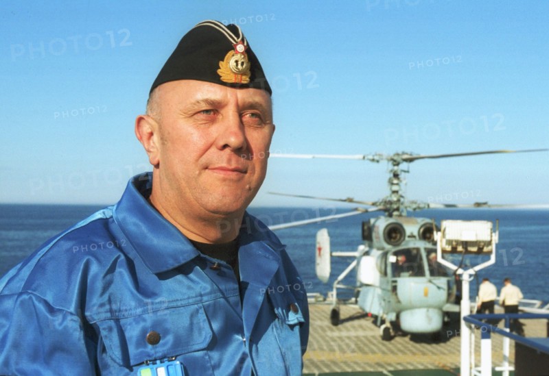 Barents sea, russia, august 26 2001, chief of the group of russian divers, rear-admiral gennady verich on board of the mayo ship during the operation to raise the sunken kursk nuclear submarine.
