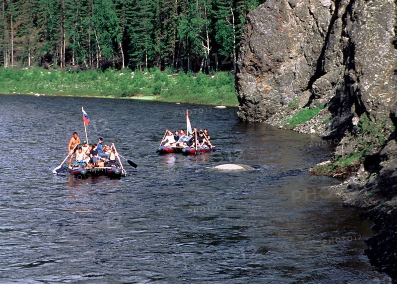 Catamarans on the shchekurya mountain stream, khanty-mansi autonomous district, russia.