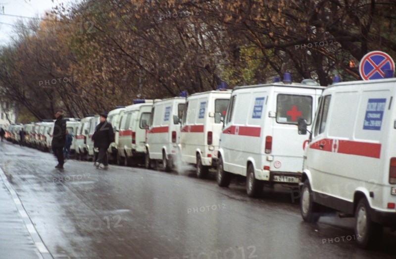 Moscow, russia,10/26/02: chechen hostage crisis: ambulances at the ready.