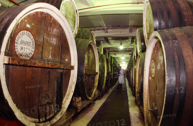 Ararat' cognac factory in yerevan, barrels of cognac in storage, 2000.
