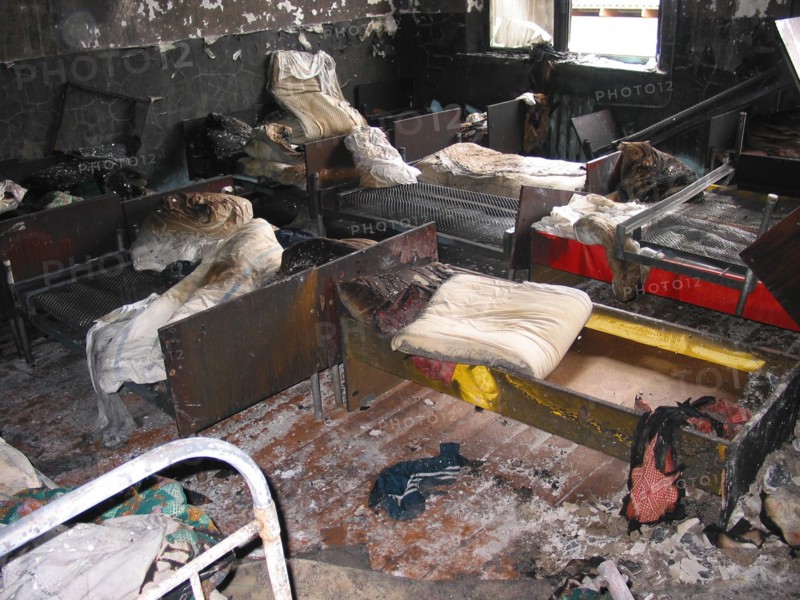 Makhachkala, russia, april 10, 2003 , picture shows the site of accident happened in a boarding school for deaf and dumb children that was ablazed on thursday, 28 people were killed in the accident and over a hundred children were taken to the hospitals.