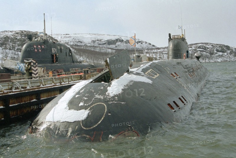 Russian nuclear-powered sub polyarnyye zori of the northern fleet pictured upon her return to the naval base in the murmansk region after having successfully completed her training mission, murmansk, russia, april 23,2003.