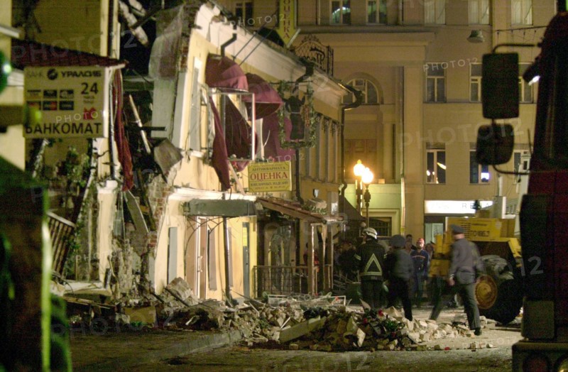 Caption: tas03: moscow, russia, may 13, 2003, a view of the accident site in central arbat street, where 14 people were injured as a result of a gas explosion on monday evening,the two-storey building that housed a georgian restaurant was seriously damaged by the blast, (photo itar-tass/ konstantin kizhel) .
