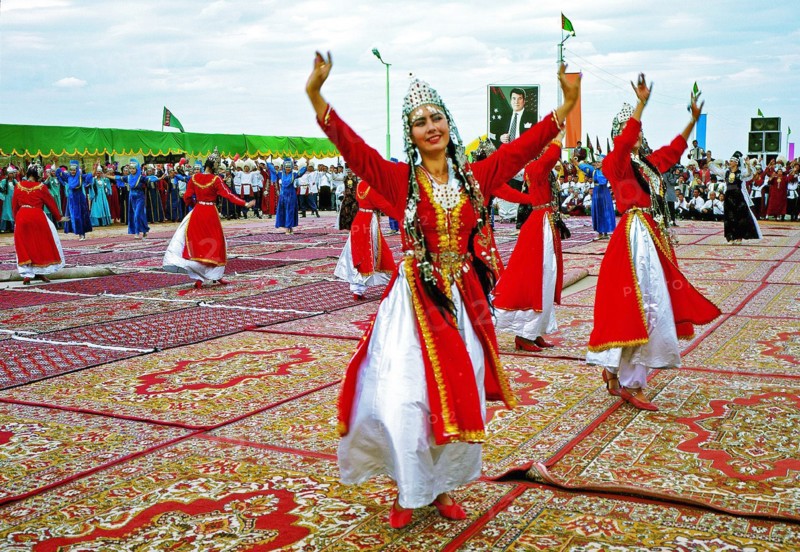 Turkmenia, a turkmen folk dance ensemble performing at the inauguration of the atamurat railway station (kerki) in september 1999.