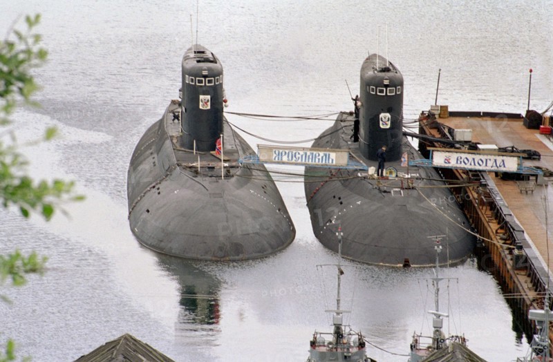 Yaroslavl' and 'vologda' submarines of submarine brigade of kola peninsula flotilla (northern fleet) on the eve of navy's day and the 70th anniversary of the brigade, murmansk region, russia, july 24,2003.