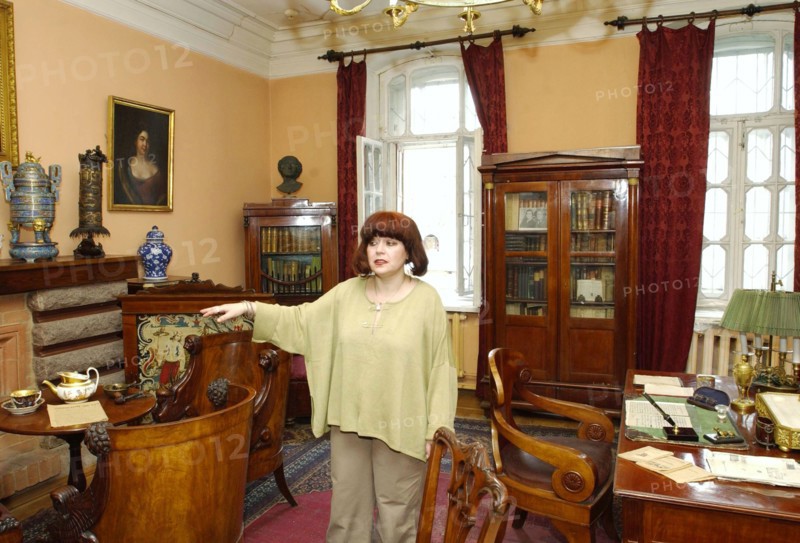 Ryabushinsky mansion, moscow, russia, 3/04, building of the museum-apartment of alexey tolstoy located in a wing of the estate of the ryabushinskys merchants in spiridonovka street where the soviet writer alexey tolstoy lived in 1941-45 , a museum attendant,  fyodor savintsev   .