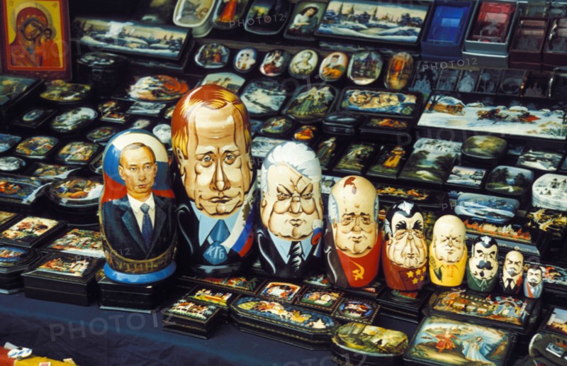 Nesting dolls (matryoshkas) with images of russian and soviet leaders for sale along with laquer boxes, moscow, 2000, czar nicholas, lenin, stalin, khruschev, brezhnev, gorbachev, yeltsin, and putin.