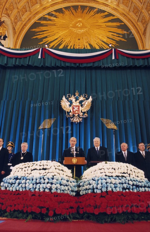 Inaugeration of vladimir putin as the new president of the russian federation at the st, andrew hall of the grand kremlin palace in moscow as former president boris yeltsin looks on, may 7, 2000.