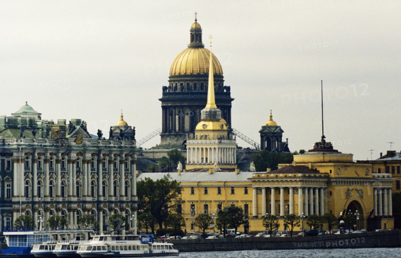 The admiralty and st, isaac's cathedral on the palace embankment on the neva river in st, petersburg, russia.