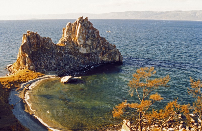 Shaman kamen (shaman rock), olkhon island in lake baikal, local fishermen set off from here to catch omul fish, irkutsk region, siberia, russia.