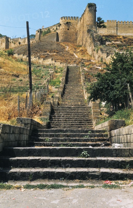 Stairs leading up to narym kala fortress (beautiful fortress) in the ancient city of derbent, dagestan.