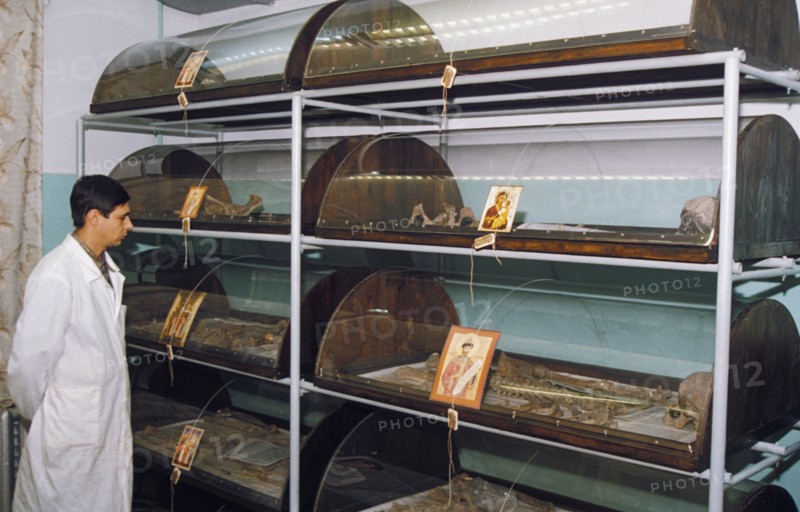 The remains of the romanov family in storage at the bureau for forensic examination, yekaterinburg, russia, 1997.