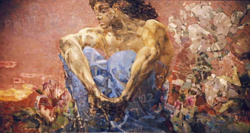 A sitting demon' a painting by artist mikhail vrubel (1856 - 1910).