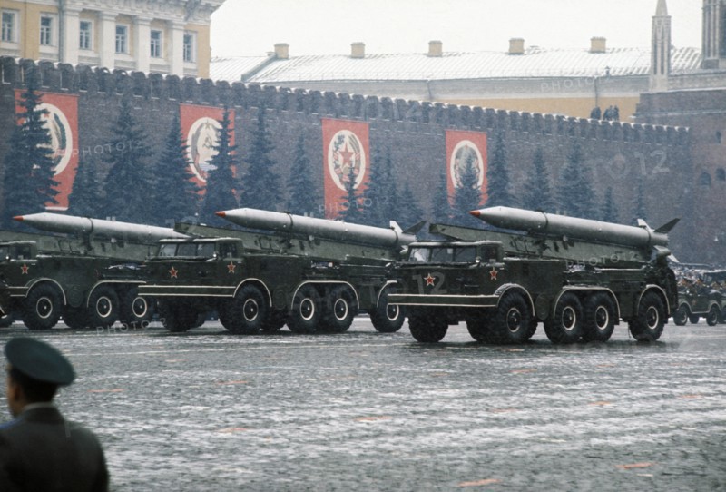Mobile rocket launchers carrying frog-7 surface-to-surface unguided short range tactical missiles (capable of being armed with nuclear warheads) during a military parade, celebrating the 54th anniversary of the october revolution, in red square, moscow, 1971.