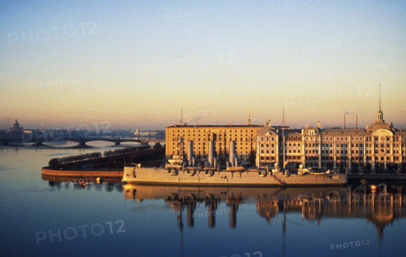 The historical cruiser aurora at the mouth of the neva river in st, petersburg, russia.