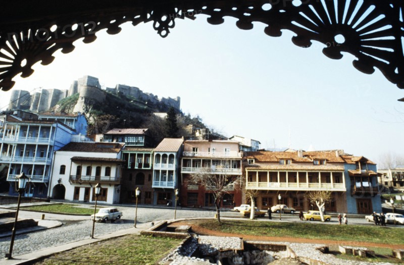 The ruins of narikala fortress overlooking the old town section of tbilisi, georgia.