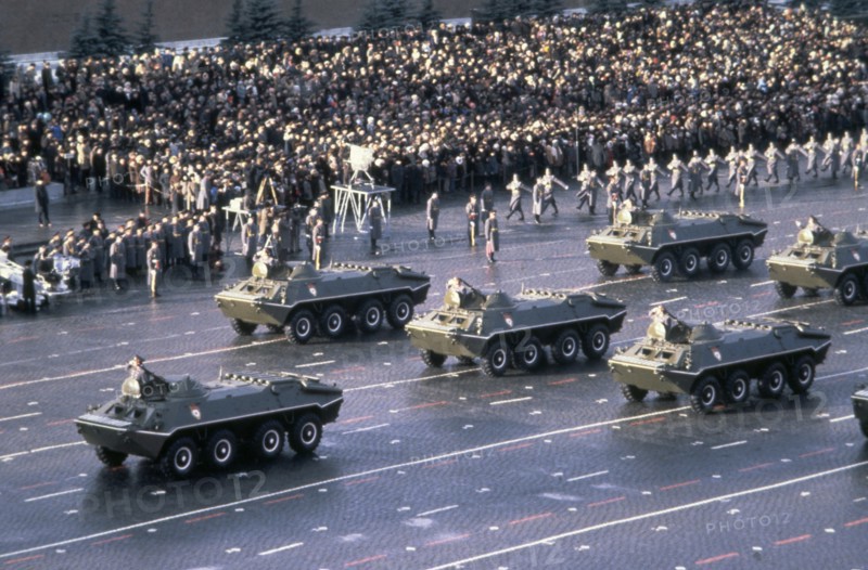 Moscow, november 7, 1980, btr-70 armored troop carriers on parade in red square.