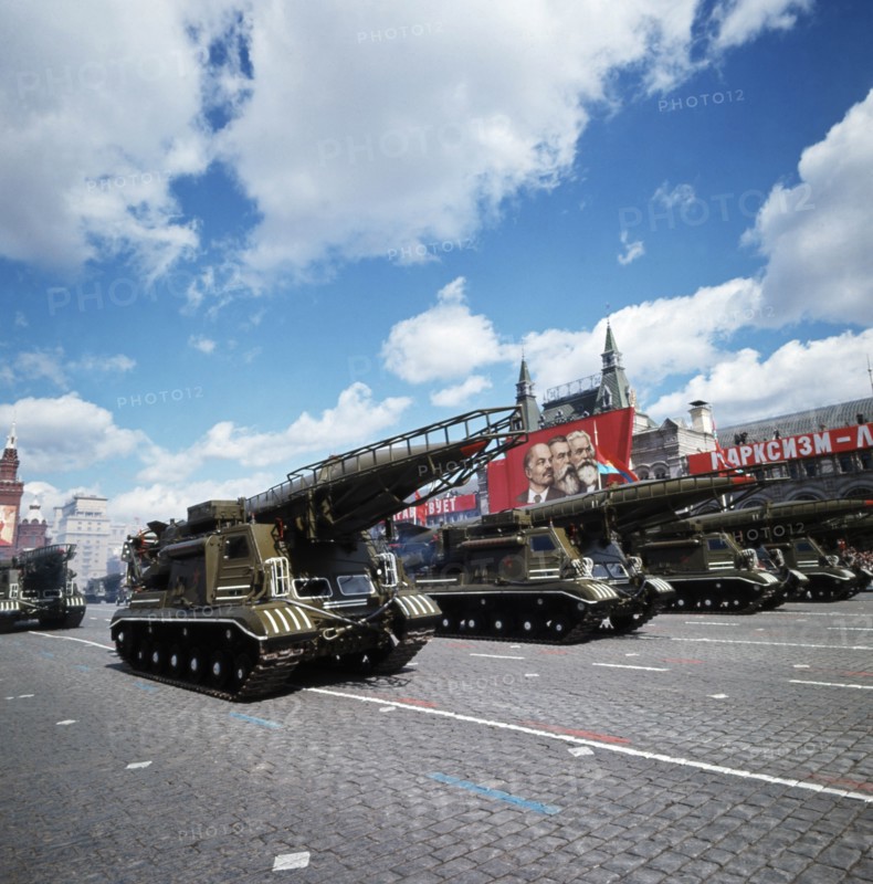 Motorized ballistic missile launchers bearing scud a tactical nuclear missiles at a military parade in red square celebrating the anniversary of the great october socialist revolution on november 7, moscow, ussr, 1980s.