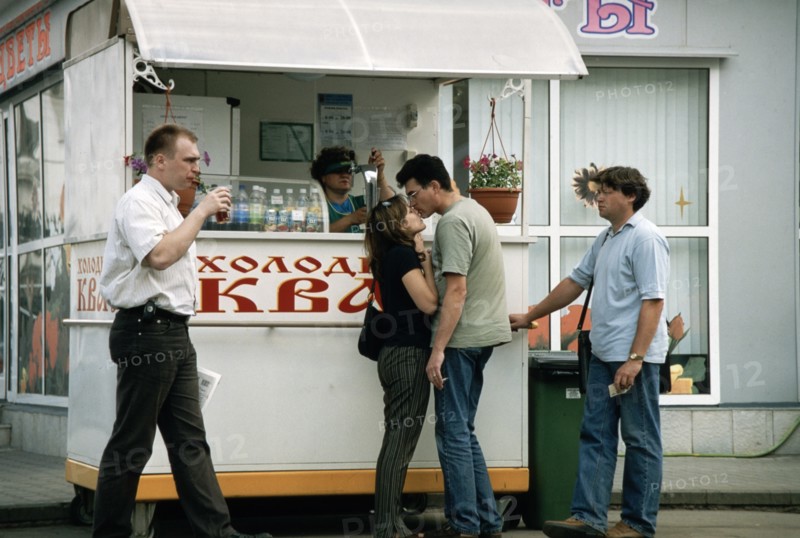 A kvass (traditional russian soft drink) stand in moscow, august 2003.