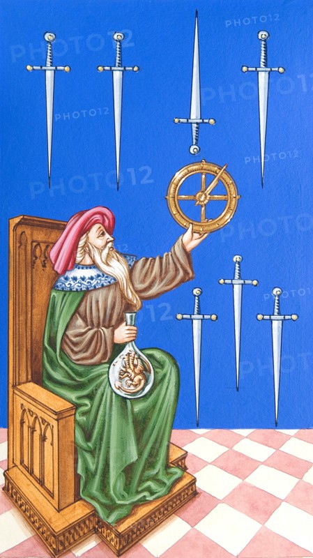 Creative illustration Middle Age in tarots. The Alchemist with astrolabe and alambic.