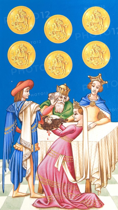 Creative illustration Middle Age in tarots. Salome with the Head of John the Baptist.