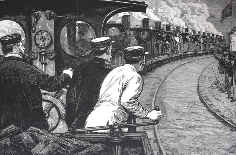 The Stephenson Centenary Celebration At Newcastle-On-Tyne. Procession Of Locomotives Paasing The House At Wylam