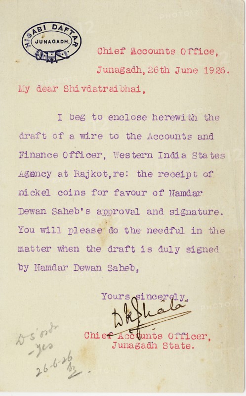 Letter from Chief Accounts Office 26/vi/1926