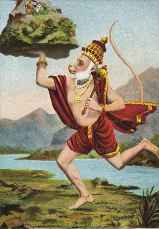 Monkey God Hanuman carrying Sanjeevani Parvat (Hill) containing Sanjeevani Herbs to cure Lakshman
