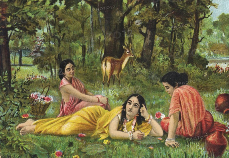 Shakuntala writing a love letter: Shakuntala while she was dwelling in a forest