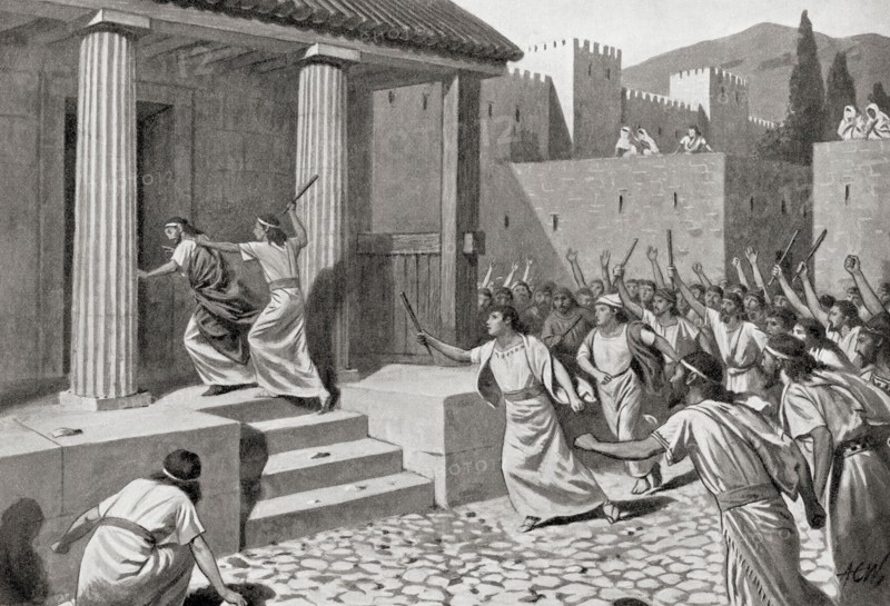 Alcander a young man of Sparta attacking Lycurgus and stabbing out one of his eyes when his fellow-citizens were discontented with the laws Lycurgus proposed