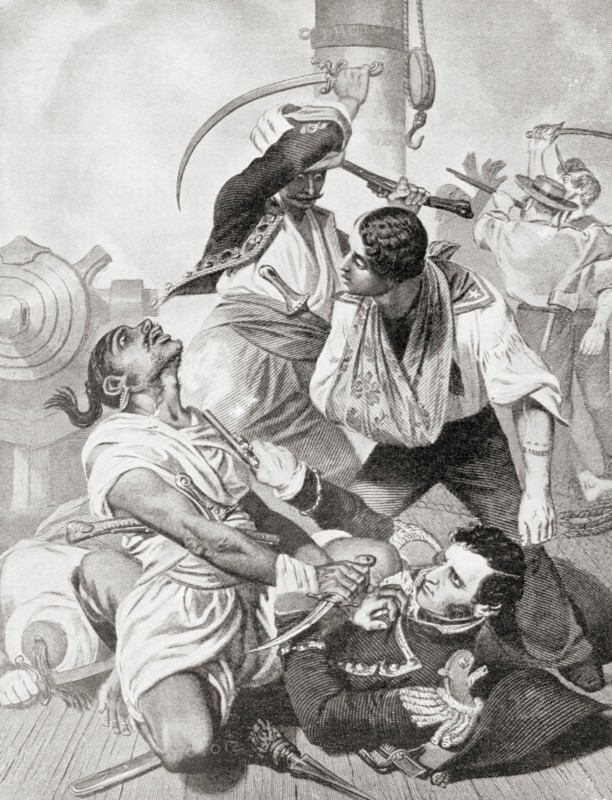 Stephen Decatur in hand-to-hand combat with the enemy aboard a Tripolitan gunboat during The First Barbary War