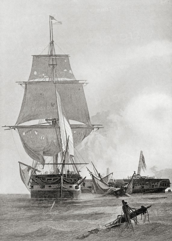 The battle between the two ships USS Constitution and HMS Guerriere during the War of 1812