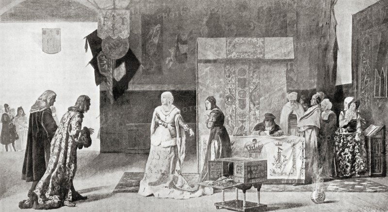 Isabella pledging her jewels to finance the expedition of Christopher Columbus in 1492