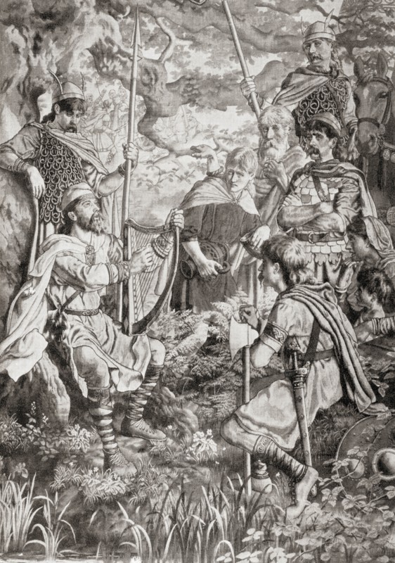 King Alfred disguised as a strolling minstrel and playing the harp in the Danish camp of Guthrum
