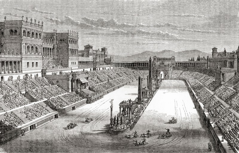 A chariot race in ancient Rome