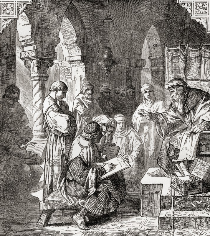 Arab students learning alchemy and astrology in a school in Cordoba
