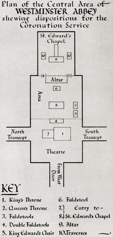 Plan of the central area of Westminster Abbey showing dispositions for the Coronation Service of George VI in 1936