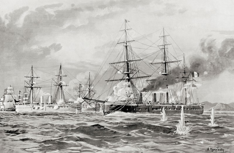 The engagement between the Peruvian ship Huáscar and Chilean warships at the The Battle of Angamos