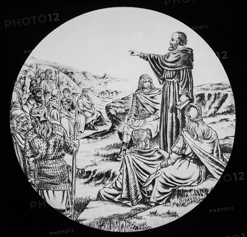 A magic lantern slide circa 1900 St Aidan preaching in Northumbria