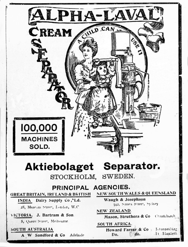 Black and white historical advertisement for a cream separator from Stockholm