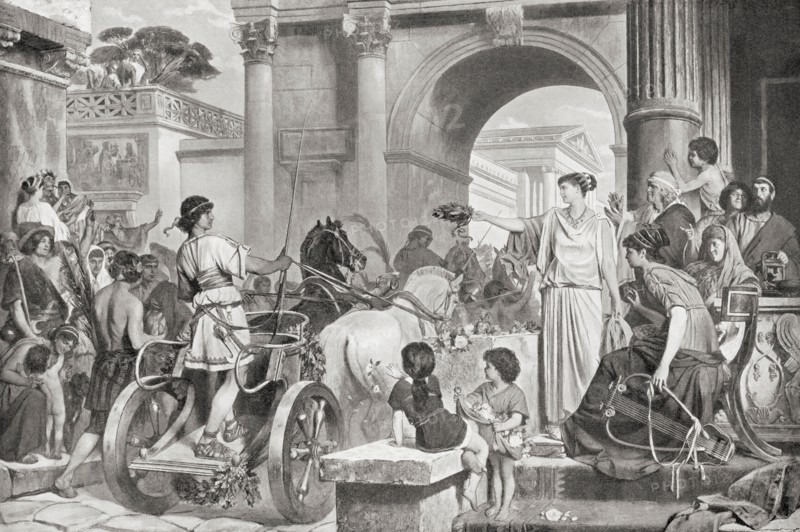 A victorious charioteer in ancient Rome accepting a laurel crown from a lady