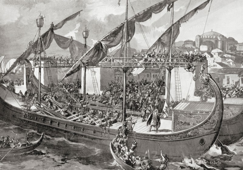 The storming of Constantinople by Venetians and crusaders during the Fourth Crusade in 1204