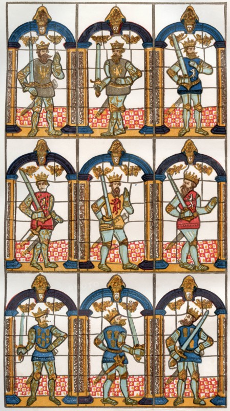 A painted or stained glass window depicting two Saxon earls of Merica and seven Norman earls of Chester