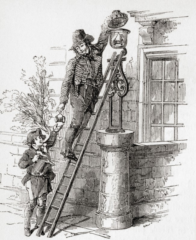 A 19th century lamplighter in London